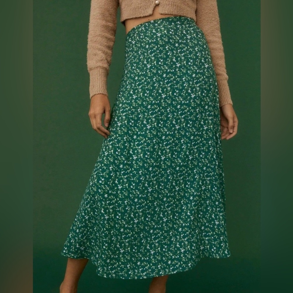 Reformation Green Floral Midi Skirt